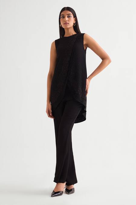 Namrata Joshipura Black Georgette Applique, Beads Round Embellished High-low Top And Flared Pant Online at Aza Fashions Namrata Joshipura_Black Georgette Applique, Beads Round Embellished High-low Top And Flared Pant _Online_at_Aza_Fashions