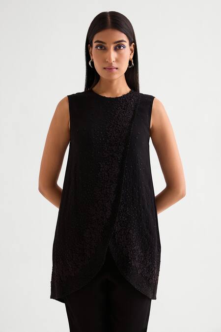 Buy Namrata Joshipura Black Georgette Applique, Beads Round Embellished High-low Top And Flared Pant Online at Aza Fashions Buy_Namrata Joshipura_Black Georgette Applique, Beads Round Embellished High-low Top And Flared Pant _Online_at_Aza_Fashions