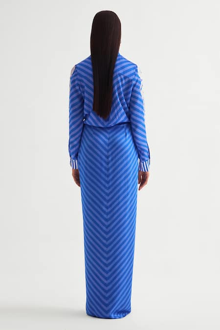 Shop_Namrata Joshipura_Blue Satin Embroidery, Beads Shawl Neck Floral Tie-up Shirt With Draped Skirt _at_Aza_Fashions