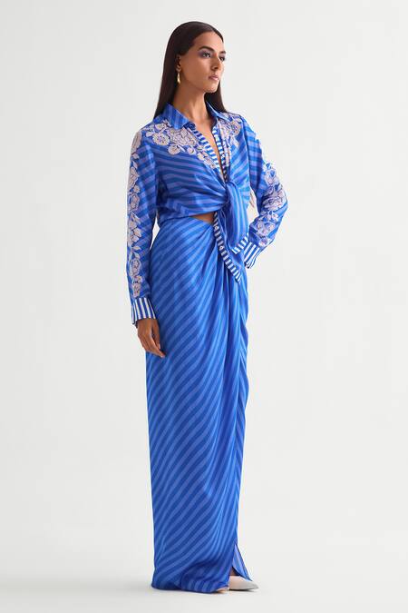 Namrata Joshipura_Blue Satin Embroidery, Beads Shawl Neck Floral Tie-up Shirt With Draped Skirt _Online_at_Aza_Fashions