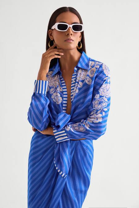 Buy_Namrata Joshipura_Blue Satin Embroidery, Beads Shawl Neck Floral Tie-up Shirt With Draped Skirt _Online_at_Aza_Fashions