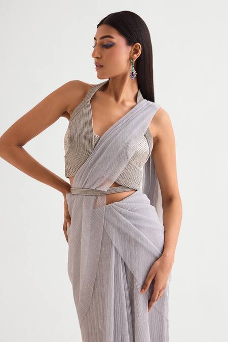 Namrata Joshipura Gray Crepe Stones Halter Neck Grey Textured Pre-draped Saree Set Online at Aza Fashions Namrata Joshipura_Gray Crepe Stones Halter Neck Grey Textured Pre-draped Saree Set _Online_at_Aza_Fashions