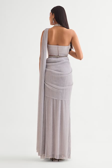 Shop Namrata Joshipura Gray Crepe Stones Halter Neck Grey Textured Pre-draped Saree Set at Aza Fashions Shop_Namrata Joshipura_Gray Crepe Stones Halter Neck Grey Textured Pre-draped Saree Set _at_Aza_Fashions