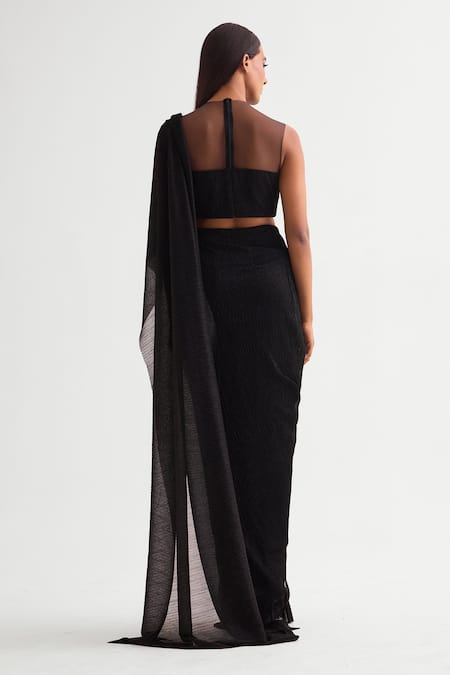 Shop_Namrata Joshipura_Black Crepe Beads Embellished Pre-draped Saree Set _at_Aza_Fashions