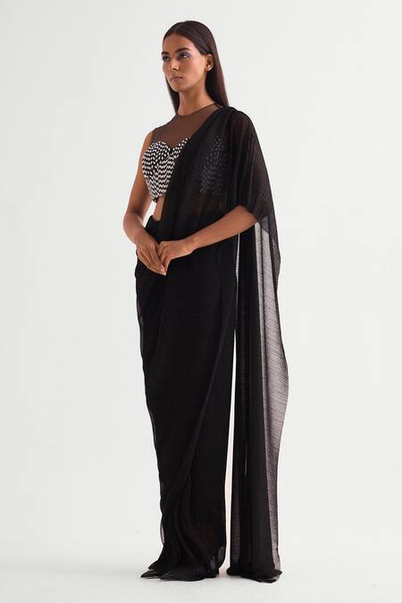 Namrata Joshipura_Black Crepe Beads Embellished Pre-draped Saree Set _Online_at_Aza_Fashions