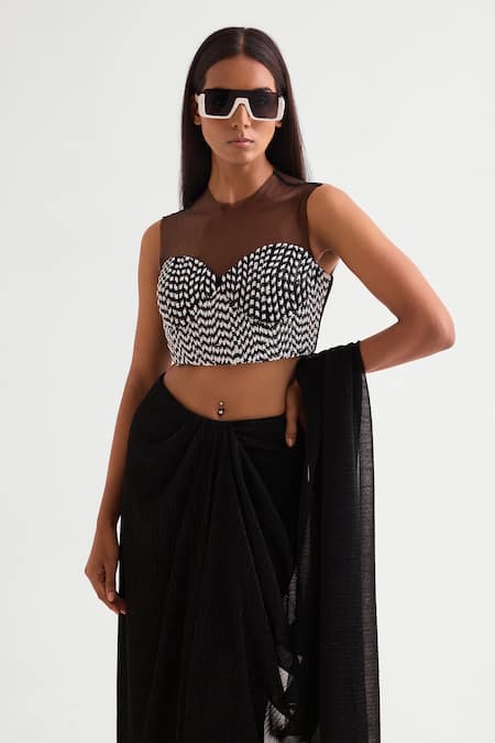 Buy_Namrata Joshipura_Black Crepe Beads Embellished Pre-draped Saree Set _Online_at_Aza_Fashions