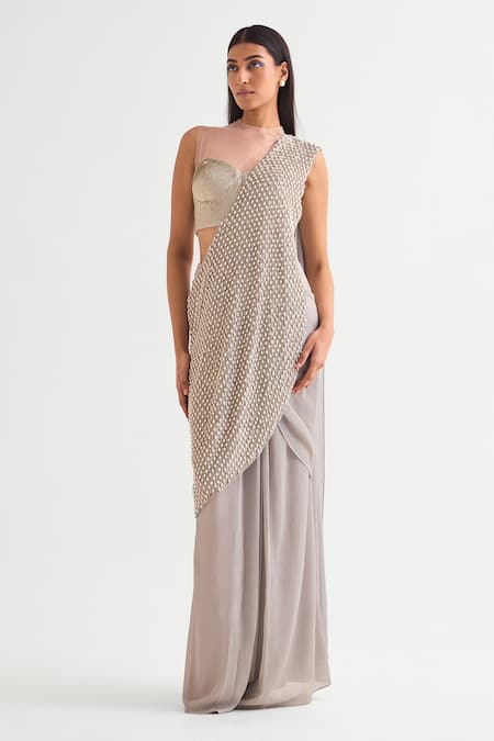 Namrata Joshipura_Silver Chiffon Pearls, Sequins Embellished Pallu Pre-draped Saree And Blouse Set _Online_at_Aza_Fashions