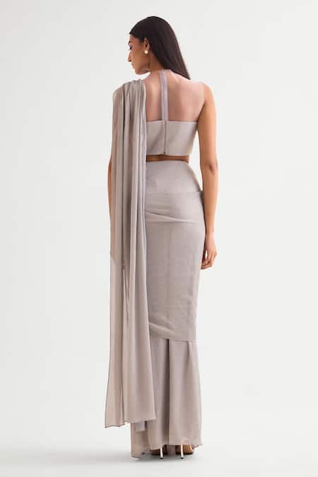 Shop_Namrata Joshipura_Silver Chiffon Pearls, Sequins Embellished Pallu Pre-draped Saree And Blouse Set _at_Aza_Fashions