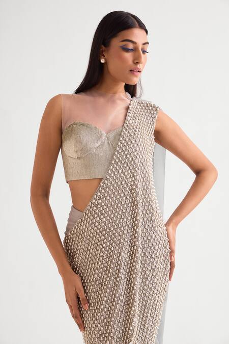 Buy_Namrata Joshipura_Silver Chiffon Pearls, Sequins Embellished Pallu Pre-draped Saree And Blouse Set _Online_at_Aza_Fashions