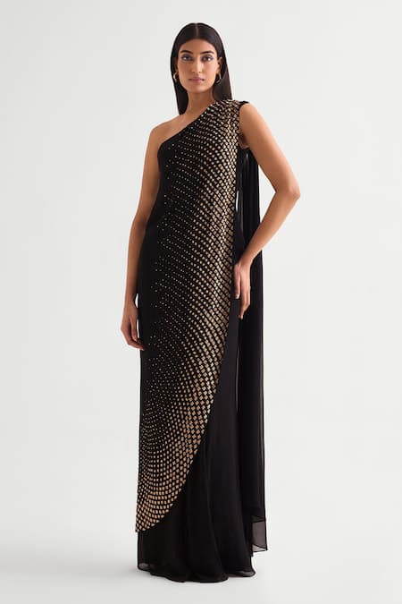 Namrata Joshipura Black Georgette Sequins One Shoulder Embellished Saree Gown Online at Aza Fashions Namrata Joshipura_Black Georgette Sequins One Shoulder Embellished Saree Gown _Online_at_Aza_Fashions