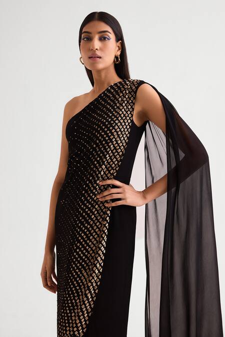 Buy Namrata Joshipura Black Georgette Sequins One Shoulder Embellished Saree Gown Online at Aza Fashions Buy_Namrata Joshipura_Black Georgette Sequins One Shoulder Embellished Saree Gown _Online_at_Aza_Fashions