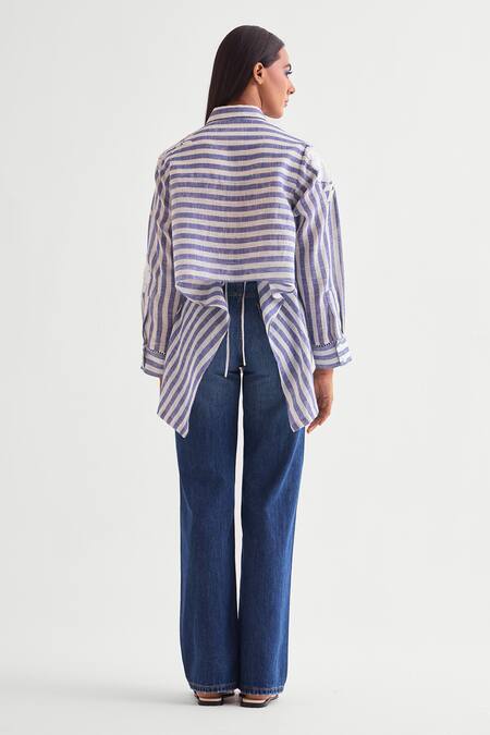Shop Namrata Joshipura Blue Linen Sequins, Ribbons Shawl Neck Striped Embroidered Shirt at Aza Fashions Shop_Namrata Joshipura_Blue Linen Sequins, Ribbons Shawl Neck Striped Embroidered Shirt _at_Aza_Fashions
