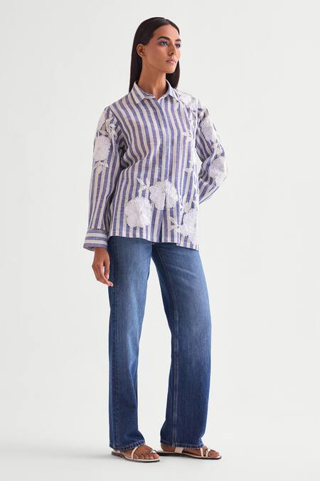 Namrata Joshipura Blue Linen Sequins, Ribbons Shawl Neck Striped Embroidered Shirt Online at Aza Fashions Namrata Joshipura_Blue Linen Sequins, Ribbons Shawl Neck Striped Embroidered Shirt _Online_at_Aza_Fashions