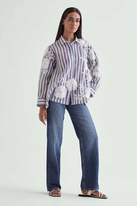 Buy Namrata Joshipura Blue Linen Sequins, Ribbons Shawl Neck Striped Embroidered Shirt Online at Aza Fashions Buy_Namrata Joshipura_Blue Linen Sequins, Ribbons Shawl Neck Striped Embroidered Shirt _Online_at_Aza_Fashions