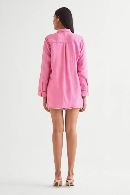 Shop Namrata Joshipura Pink Silk, Voile Cut Work, Lace Shawl Neck Candy Cutwork Shirt at Aza Fashions Shop_Namrata Joshipura_Pink Silk, Voile Cut Work, Lace Shawl Neck Candy Cutwork Shirt _at_Aza_Fashions