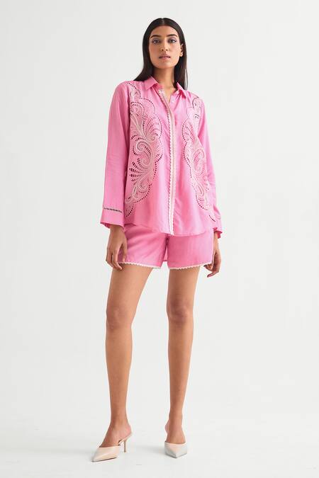 Namrata Joshipura Pink Silk, Voile Cut Work, Lace Shawl Neck Candy Cutwork Shirt Online at Aza Fashions Namrata Joshipura_Pink Silk, Voile Cut Work, Lace Shawl Neck Candy Cutwork Shirt _Online_at_Aza_Fashions
