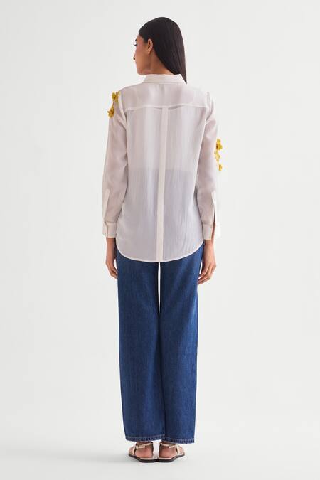 Shop Namrata Joshipura Ivory Georgette Embroidery Shawl Neck Floral 3d Shirt at Aza Fashions Shop_Namrata Joshipura_Ivory Georgette Embroidery Shawl Neck Floral 3d Shirt _at_Aza_Fashions