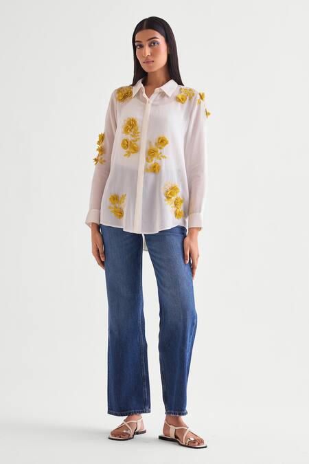 Namrata Joshipura Ivory Georgette Embroidery Shawl Neck Floral 3d Shirt Online at Aza Fashions Namrata Joshipura_Ivory Georgette Embroidery Shawl Neck Floral 3d Shirt _Online_at_Aza_Fashions