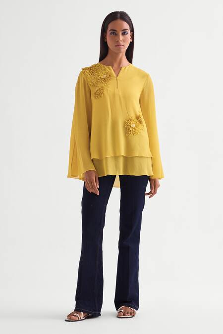 Namrata Joshipura_Yellow Georgette Button-down Neck 3d Floral Applique Layered Top _Online_at_Aza_Fashions