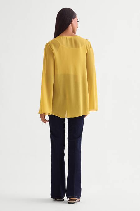 Shop_Namrata Joshipura_Yellow Georgette Button-down Neck 3d Floral Applique Layered Top _at_Aza_Fashions