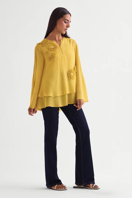 Buy_Namrata Joshipura_Yellow Georgette Button-down Neck 3d Floral Applique Layered Top _Online_at_Aza_Fashions