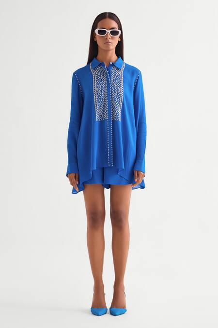Namrata Joshipura_Blue Georgette Beads High-low Embellished Shirt _Online_at_Aza_Fashions