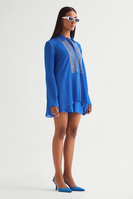 Buy_Namrata Joshipura_Blue Georgette Beads High-low Embellished Shirt _Online_at_Aza_Fashions