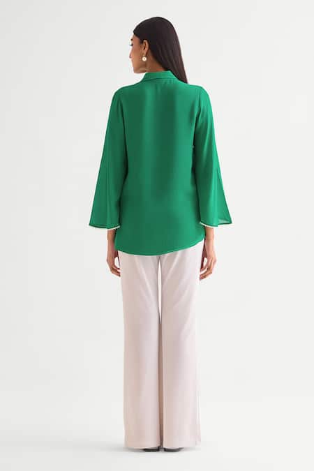 Shop Namrata Joshipura Green Georgette Beads, Lace Collared Floral Embellished Top at Aza Fashions Shop_Namrata Joshipura_Green Georgette Beads, Lace Collared Floral Embellished Top _at_Aza_Fashions