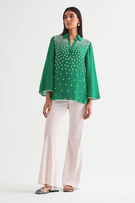 Namrata Joshipura Green Georgette Beads, Lace Collared Floral Embellished Top Online at Aza Fashions Namrata Joshipura_Green Georgette Beads, Lace Collared Floral Embellished Top _Online_at_Aza_Fashions