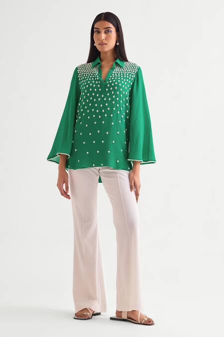 Buy Namrata Joshipura Green Georgette Beads, Lace Collared Floral Embellished Top Online at Aza Fashions Buy_Namrata Joshipura_Green Georgette Beads, Lace Collared Floral Embellished Top _Online_at_Aza_Fashions