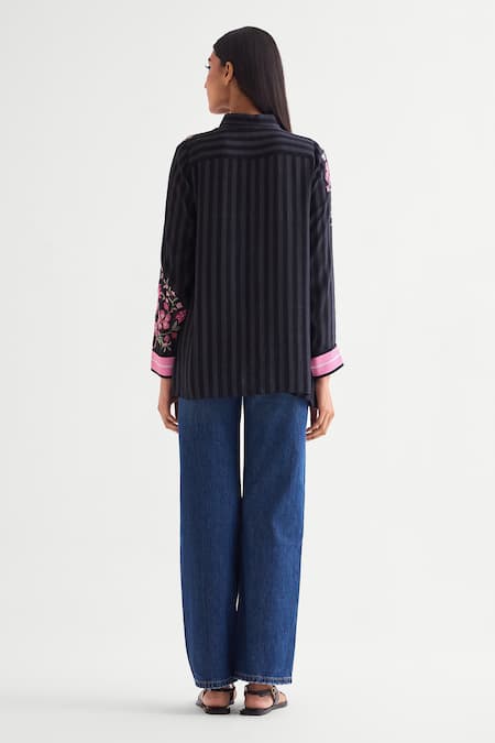 Shop Namrata Joshipura Black Crepe Pearls, Embroidery Shawl Neck Floral Embellished Shirt at Aza Fashions Shop_Namrata Joshipura_Black Crepe Pearls, Embroidery Shawl Neck Floral Embellished Shirt _at_Aza_Fashions