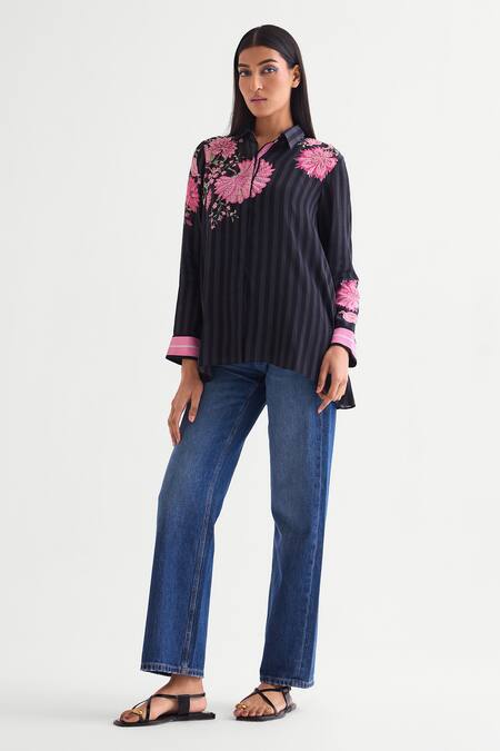 Namrata Joshipura Black Crepe Pearls, Embroidery Shawl Neck Floral Embellished Shirt Online at Aza Fashions Namrata Joshipura_Black Crepe Pearls, Embroidery Shawl Neck Floral Embellished Shirt _Online_at_Aza_Fashions