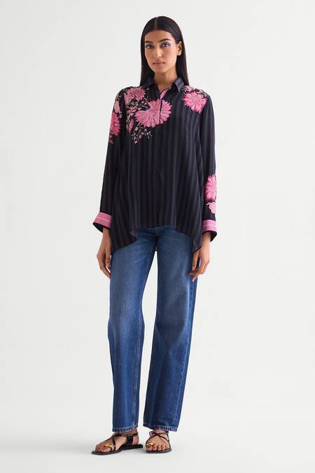 Buy Namrata Joshipura Black Crepe Pearls, Embroidery Shawl Neck Floral Embellished Shirt Online at Aza Fashions Buy_Namrata Joshipura_Black Crepe Pearls, Embroidery Shawl Neck Floral Embellished Shirt _Online_at_Aza_Fashions