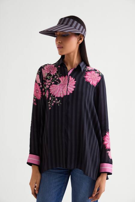 Shop Namrata Joshipura Black Crepe Pearls, Embroidery Shawl Neck Floral Embellished Shirt Online at Aza Fashions Shop_Namrata Joshipura_Black Crepe Pearls, Embroidery Shawl Neck Floral Embellished Shirt _Online_at_Aza_Fashions