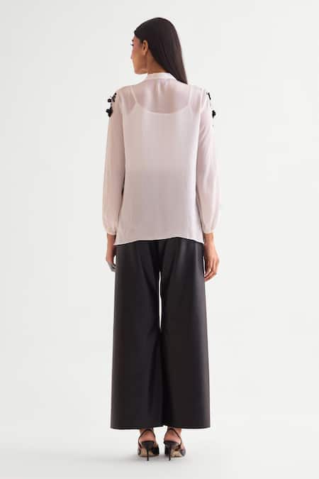 Shop Namrata Joshipura Ivory Satin Sequins, Embroidery Open Neck 3d Floral Top at Aza Fashions Shop_Namrata Joshipura_Ivory Satin Sequins, Embroidery Open Neck 3d Floral Top _at_Aza_Fashions