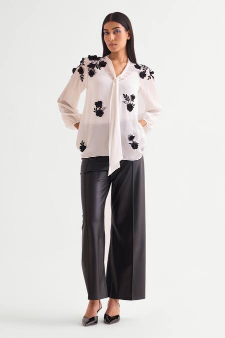 Namrata Joshipura Ivory Satin Sequins, Embroidery Open Neck 3d Floral Top Online at Aza Fashions Namrata Joshipura_Ivory Satin Sequins, Embroidery Open Neck 3d Floral Top _Online_at_Aza_Fashions