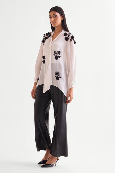 Buy Namrata Joshipura Ivory Satin Sequins, Embroidery Open Neck 3d Floral Top Online at Aza Fashions Buy_Namrata Joshipura_Ivory Satin Sequins, Embroidery Open Neck 3d Floral Top _Online_at_Aza_Fashions