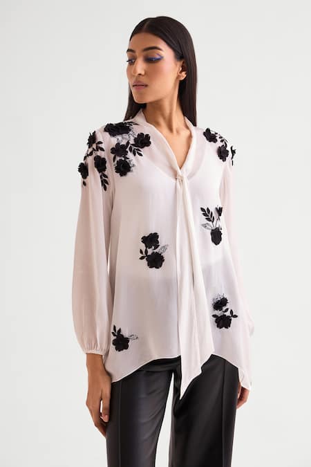 Namrata Joshipura Ivory Satin Embroidered Thread Tie-up 3d Floral Top 