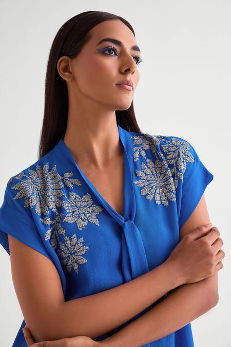 Namrata Joshipura Blue Georgette Sequins Open Neck German Embroidered Top Online at Aza Fashions Namrata Joshipura_Blue Georgette Sequins Open Neck German Embroidered Top _Online_at_Aza_Fashions