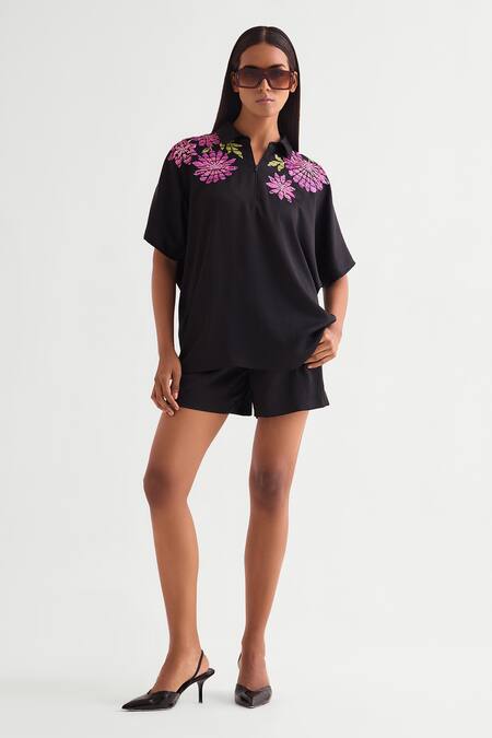 Namrata Joshipura_Black Satin Sequins Shawl Neck Embroidered Top _Online_at_Aza_Fashions