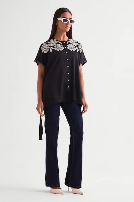 Shop Namrata Joshipura Black Satin Beads Round Neck Embroidered Top at Aza Fashions Shop_Namrata Joshipura_Black Satin Beads Round Neck Embroidered Top _at_Aza_Fashions