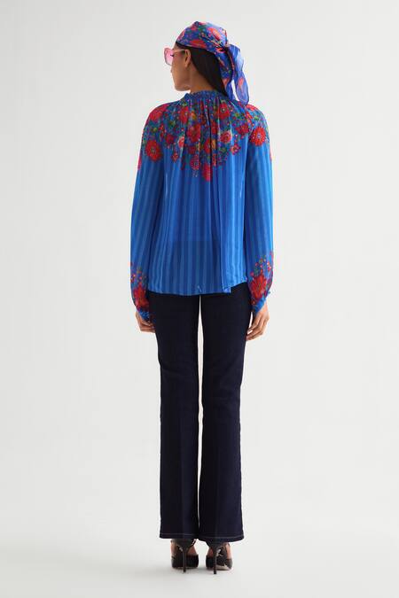 Shop_Namrata Joshipura_Blue Georgette Embroidery, Sequins Floral Tie-up Boho Top _at_Aza_Fashions