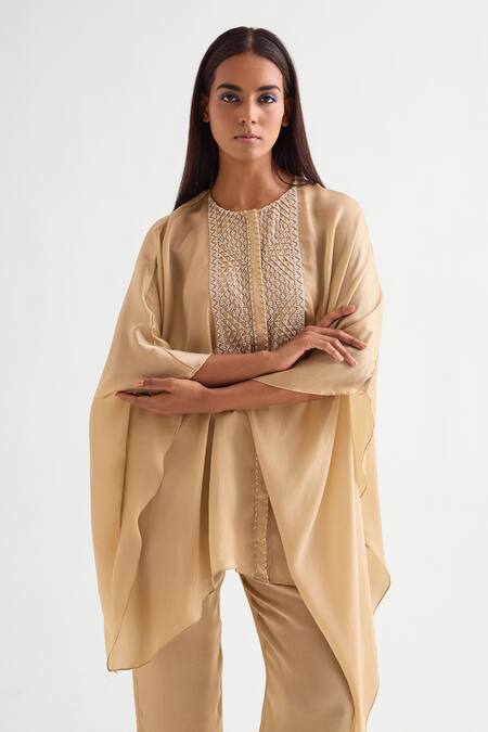 Buy_Namrata Joshipura_Beige Satin Beads Round Neck Embroidered Kaftan With Pant _Online_at_Aza_Fashions
