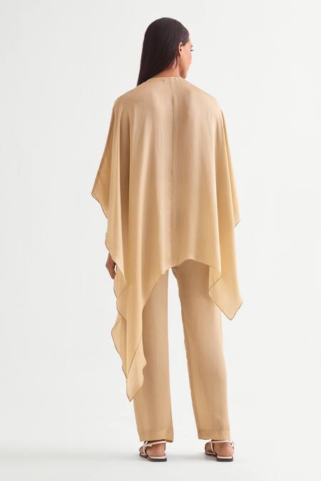 Shop_Namrata Joshipura_Beige Satin Beads Round Neck Embroidered Kaftan With Pant _at_Aza_Fashions