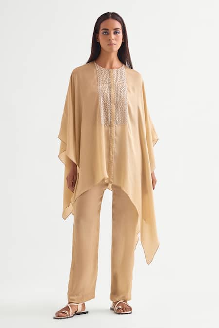 Namrata Joshipura Beige Satin Embroidered Bead Round Kaftan With Pant 