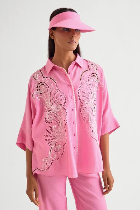 Namrata Joshipura Pink Silk Cut Work Collared Shirt And Pant Set Online at Aza Fashions Namrata Joshipura_Pink Silk Cut Work Collared Shirt And Pant Set _Online_at_Aza_Fashions