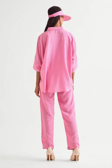 Shop Namrata Joshipura Pink Silk Cut Work Collared Shirt And Pant Set at Aza Fashions Shop_Namrata Joshipura_Pink Silk Cut Work Collared Shirt And Pant Set _at_Aza_Fashions