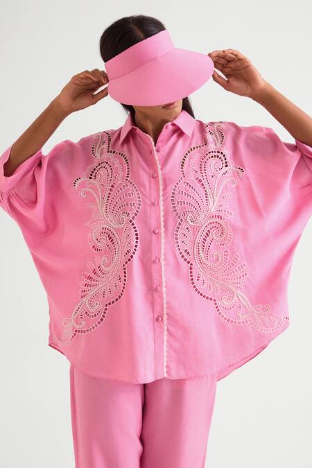 Buy Namrata Joshipura Pink Silk Cut Work Collared Shirt And Pant Set Online at Aza Fashions Buy_Namrata Joshipura_Pink Silk Cut Work Collared Shirt And Pant Set _Online_at_Aza_Fashions