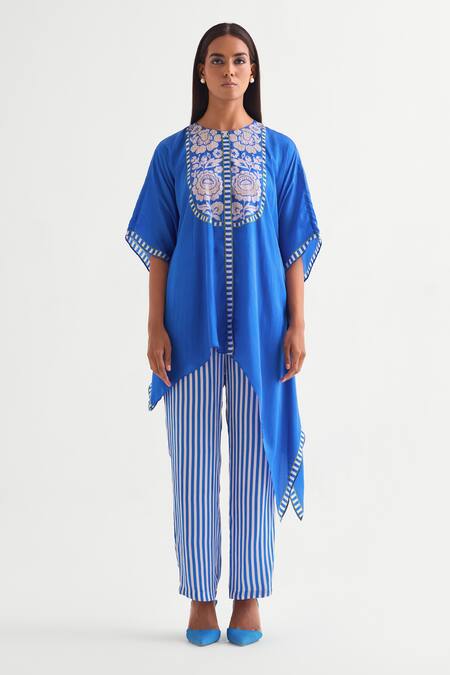 Namrata Joshipura_Blue Satin, Cotton Embroidery, Beads Round Neck Floral Asymmetric Tunic Set _Online_at_Aza_Fashions