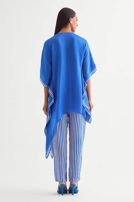 Shop_Namrata Joshipura_Blue Satin, Cotton Embroidery, Beads Round Neck Floral Asymmetric Tunic Set _at_Aza_Fashions